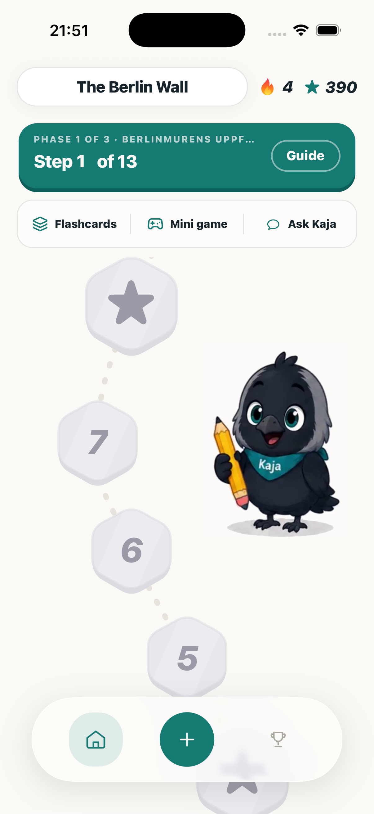 Kaja app showing a personalized Berlin Wall learning path, flashcards and an AI tutor